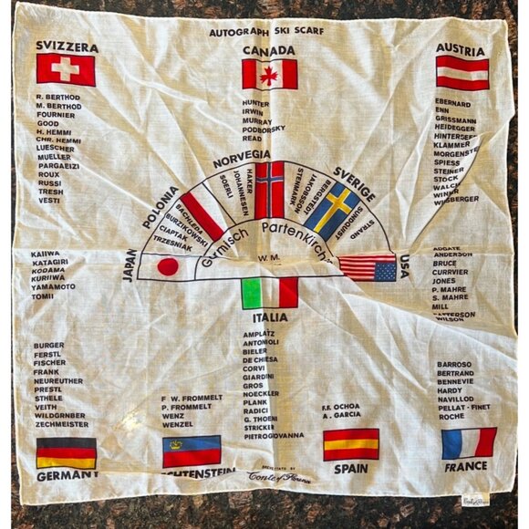 Autograph Ski Scarf Featuring International Flags & Names Vintage - Picture 1 of 5